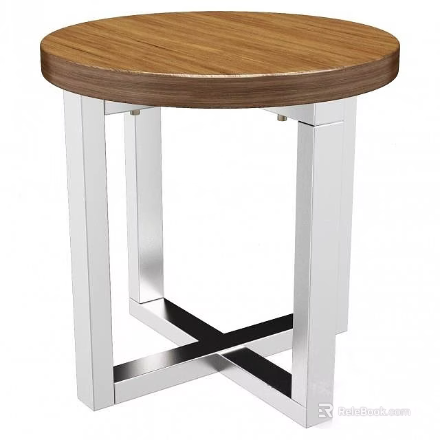 Modern Round Side Table With Wooden Top And Stainless Steel Cross Base 3d model 