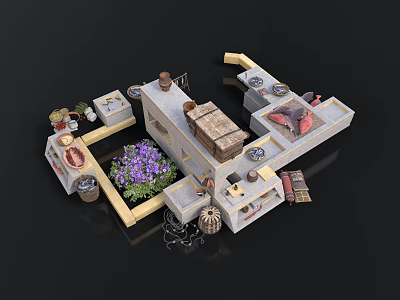 Traditional Courtyard Architecture With Connected Structures Purple Flowers Clay Pots And Rugs 3d model