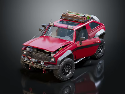 Red Off Road Vehicle With Roof Rack Modified Front Bumper And Black Tires 3d model