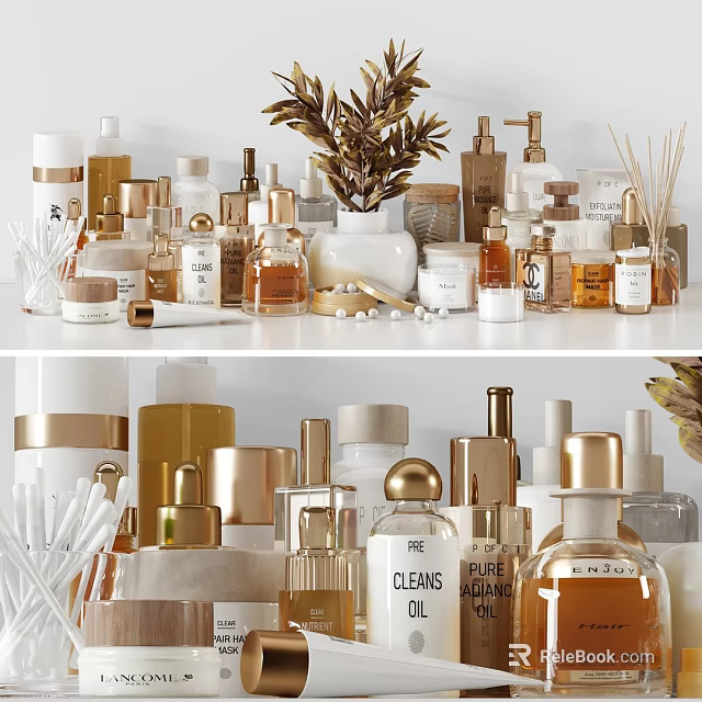 Luxury Perfumes and Cosmetics Displayed With Glass Bottles Gold Accents and Decorative Plants 3d model 