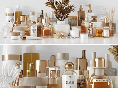 Luxury Perfumes and Cosmetics Displayed With Glass Bottles Gold Accents and Decorative Plants 3d model
