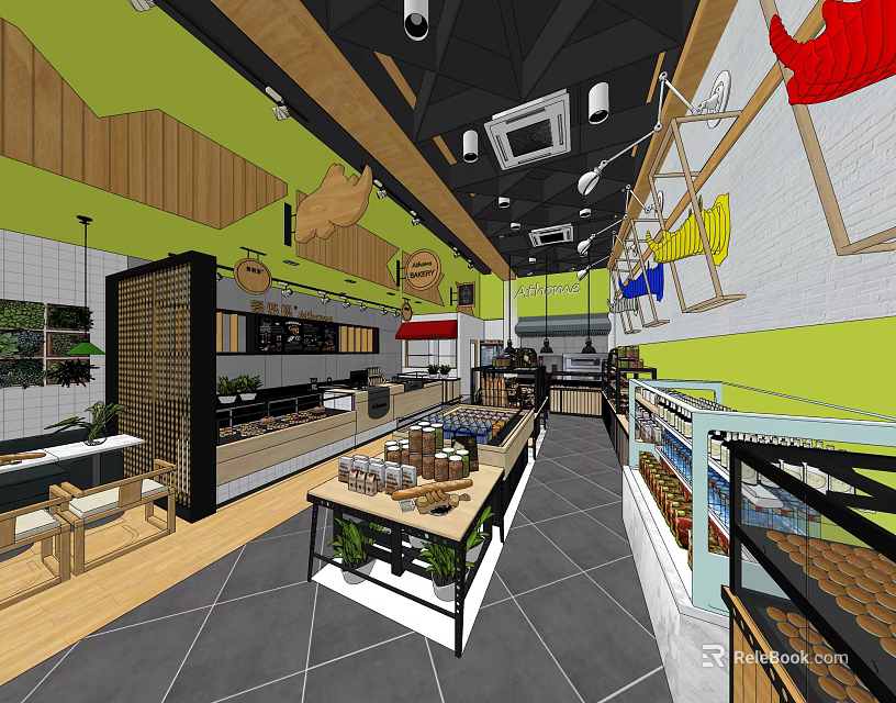 Dessert Shop Interior With Wooden Decor Green White Walls Pastry Display And Customer Seating 3d model 