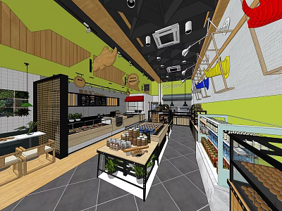 Dessert Shop Interior With Wooden Decor Green White Walls Pastry Display And Customer Seating 3d model