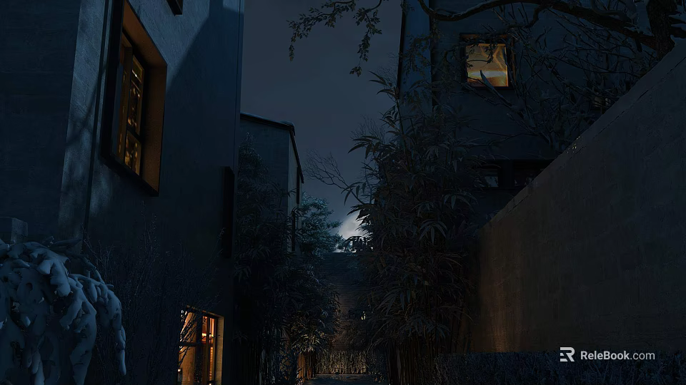 Cozy Night Alley Scenery With Traditional Buildings Lit Windows and Trees Under Warm Light 3d model 