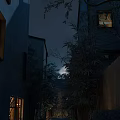 Cozy Night Alley Scenery With Traditional Buildings Lit Windows and Trees Under Warm Light