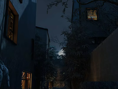 Cozy Night Alley Scenery With Traditional Buildings Lit Windows and Trees Under Warm Light 3d model