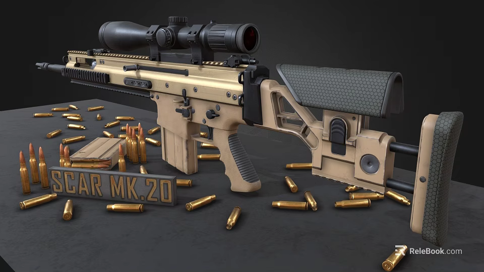 CAR MK20 Tactical Assault Rifle With Beige Finish Tactical Scope And Scattered Bullets 3d model 