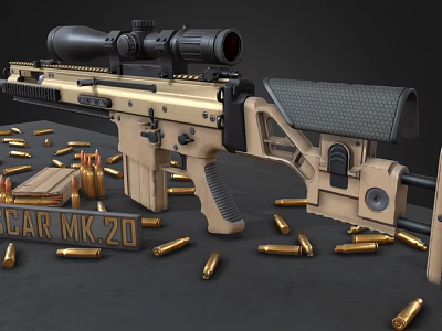CAR MK20 Tactical Assault Rifle With Beige Finish Tactical Scope And Scattered Bullets 3d model