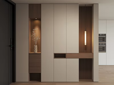 Elegant Modern Shoe Cabinet with LED Lighting and Wooden Panels in Minimalist Design 3d model