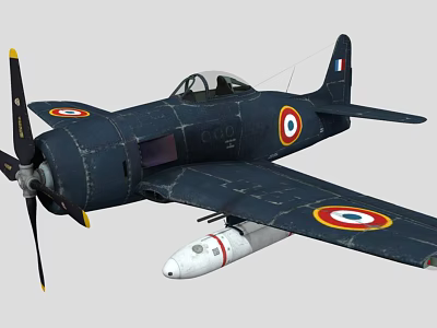 Vintage Dark Colored Fighter Aircraft With Propeller Wing Roundels And Wing Mounted Bomb 3d model