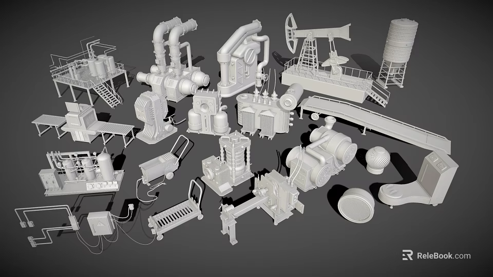 Various Industrial Equipment Models Including Pipes Pumps Oil Tanks Drilling Rigs And Conveyors 3d model 