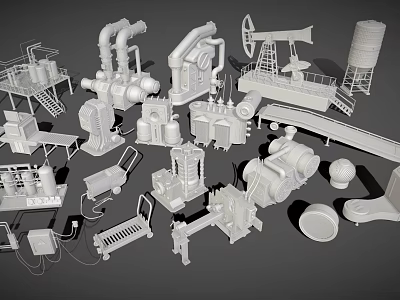 Various Industrial Equipment Models Including Pipes Pumps Oil Tanks Drilling Rigs And Conveyors 3d model