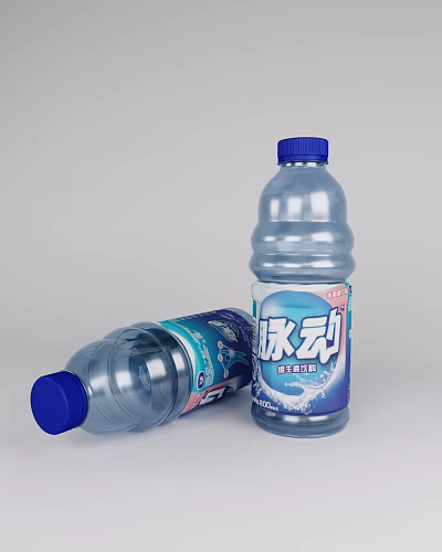 Refreshing Bottled Drink With Blue Cap Transparent Bottle And White Blue Packaging Design 3d model