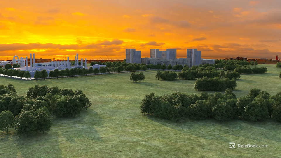Beautiful Sunset Landscape With Vast Green Lawn Scattered Trees And Distant Modern Urban Buildings 3d model 