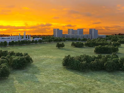 Beautiful Sunset Landscape With Vast Green Lawn Scattered Trees And Distant Modern Urban Buildings 3d model