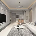 Modern Living Dining Room Interior With Sofa Dining Table Chairs Pendant Lights And Spiral Mural