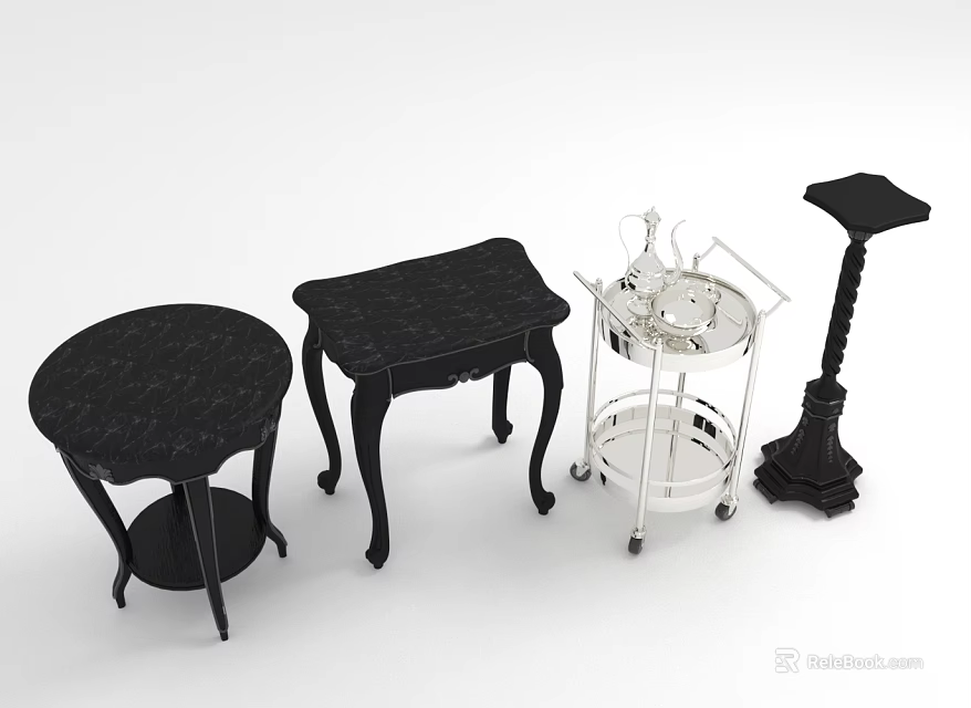 Stylish Home Furniture Collection Including Round Square Tables And Silver Rolling Cart 3d model 