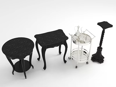 Stylish Home Furniture Collection Including Round Square Tables And Silver Rolling Cart 3d model