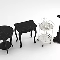 Stylish Home Furniture Collection Including Round Square Tables And Silver Rolling Cart