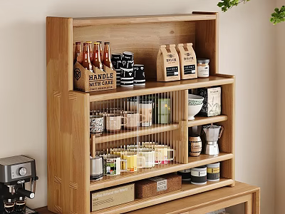Wooden Kitchen Cabinets With Open Shelves Holding Coffee Beans Jars Glasses Near Coffee Machine 3d model