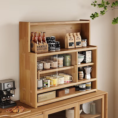 Wooden Kitchen Cabinets With Open Shelves Holding Coffee Beans Jars Glasses Near Coffee Machine 3d model