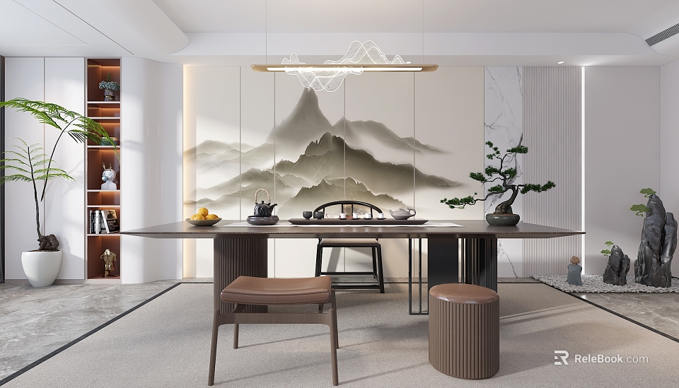 Traditional Chinese Tea Room Interior With Mountain Painting Wooden Table Tea Sets And Potted Plant 3d model 