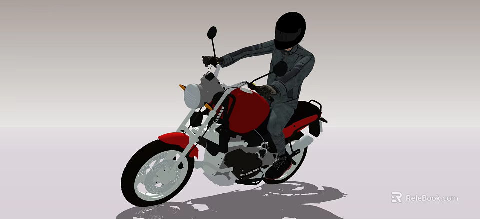 Man Riding Red Motorcycle Wearing Black Helmet And Leather Jacket 3d model 