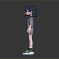 3D Game Character With Blue Black Hair Purple Eyes Gray LA Dress And Colorful Sneakers