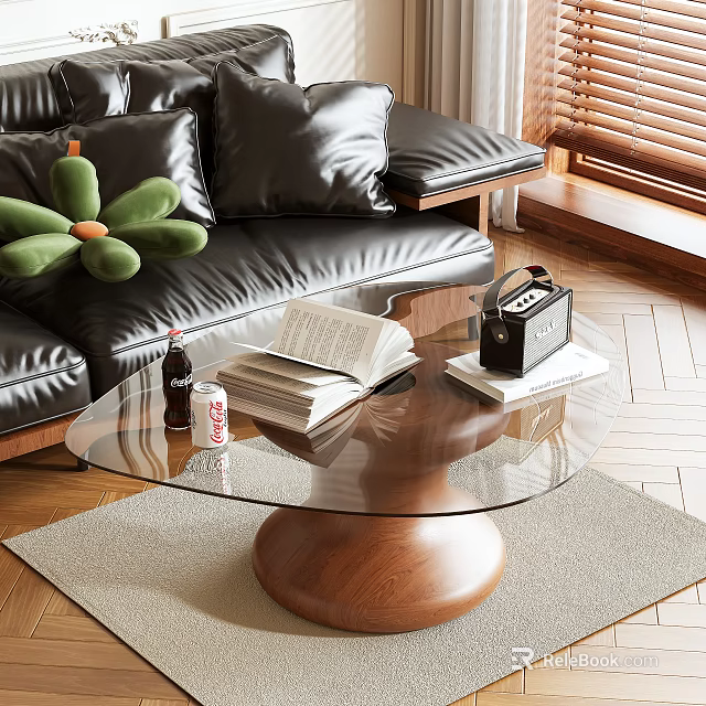 Stylish Glass Top Coffee Table With Wooden Base Open Book Books Beverage Bottle And Radio 3d model 