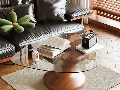 Stylish Glass Top Coffee Table With Wooden Base Open Book Books Beverage Bottle And Radio 3d model