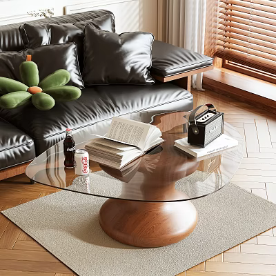 Stylish Glass Top Coffee Table With Wooden Base Open Book Books Beverage Bottle And Radio 3d model