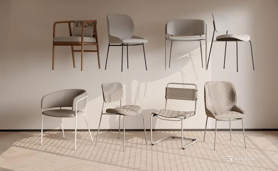 Modern Single Chairs In Various Designs With Upholstered Seats And Metal Legs 3d model 
