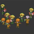 Cute Cartoon Characters In Orange Outfits With Yellow Checkered Hats And Tools In Various Poses