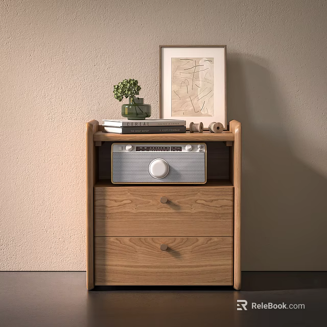 Wooden Bedside Table With Two Drawers Radio Books Small Potted Plant And Framed Art 3d model 