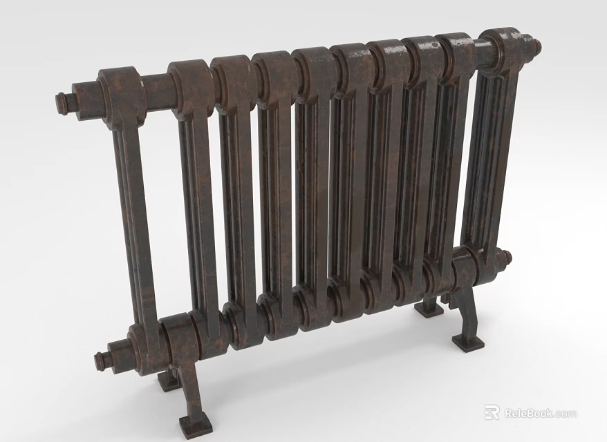 Vintage Cast Iron Radiator With Vertical Fins And Dark Finish Base Structure 3d model 