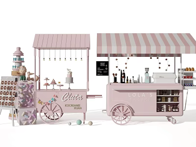 Pink Mobile Food Carts With Striped Awnings Selling Desserts And Drinks 3d model