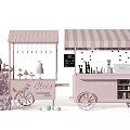 Pink Mobile Food Carts With Striped Awnings Selling Desserts And Drinks
