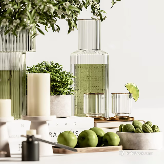 Stylish Decorative Ornament Set with Glass Vases Green Plants Candles and Marble Containers 3d model 