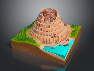 Cartoon Scene With Multi Layered Tower Green Trees And Blue Water Area 3d model