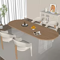 Modern Dining Table Set With Oval Wooden Top Four Light Sleek Chairs And Bright Decor