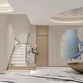 Modern Living and Dining Room Interior With Lofty Ceiling Curved Lighting And Marble Flooring