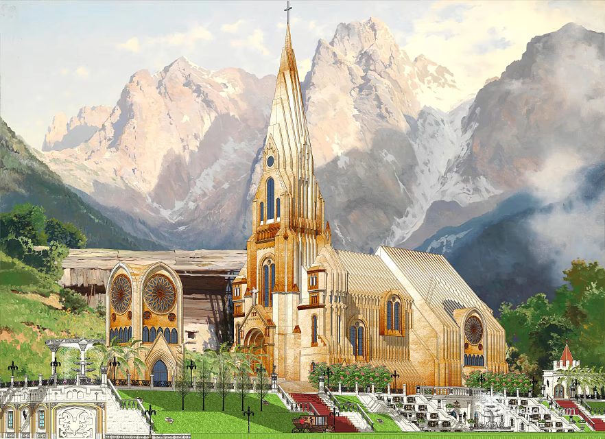 Ancient Church Architecture With Golden Spire Mountain Backdrop And Green Lawn 3d model 