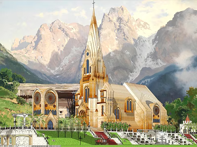 Ancient Church Architecture With Golden Spire Mountain Backdrop And Green Lawn 3d model