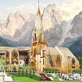 Ancient Church Architecture With Golden Spire Mountain Backdrop And Green Lawn