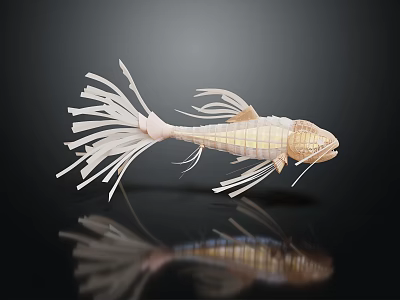 Artistic Fish Skeleton Decorative Ornament Set With Intricate White Fins On Black Background With Reflection 3d model