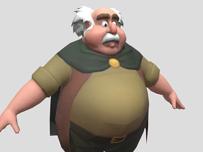 Elderly Game Movie Character With White Hair Mustache Chubby Body Green Shirt Dark Cloak Belt 3d model