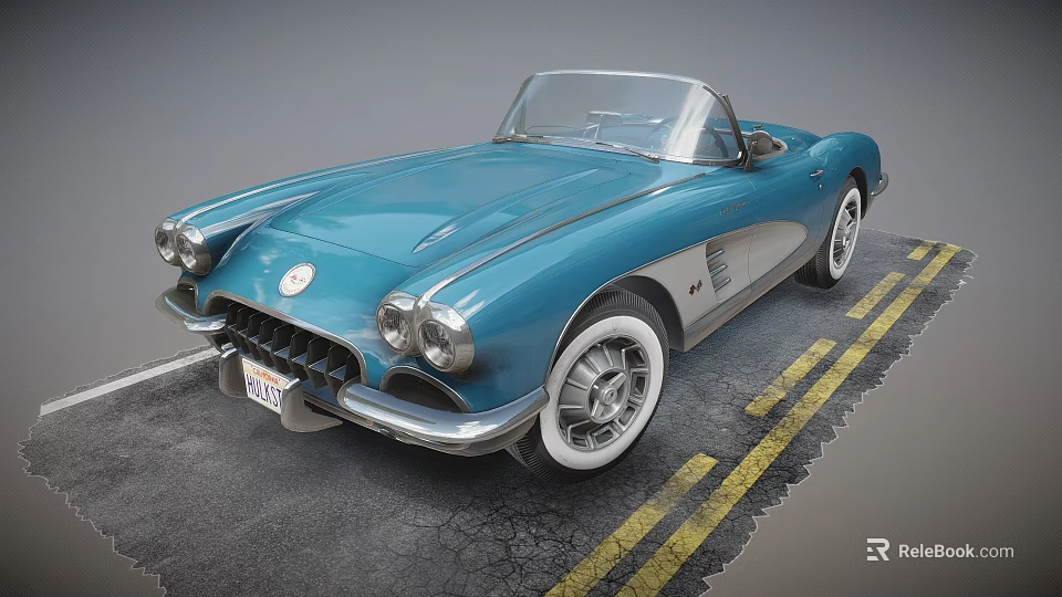 Blue Vintage Classic Convertible Car With Round Headlights On Road 3d model 