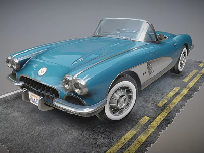 Blue Vintage Classic Convertible Car With Round Headlights On Road 3d model