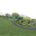 Lush Flower And Plant Garden With Vibrant Blooms Shrubs And Green Lawn Pathway