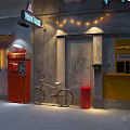 Vintage Background Wall With Retro Bicycle Red Vending Machine Neon Sign And String Lights